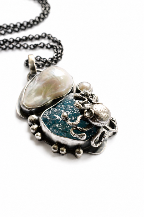 Aquamarine and Pearl Octopus Necklace