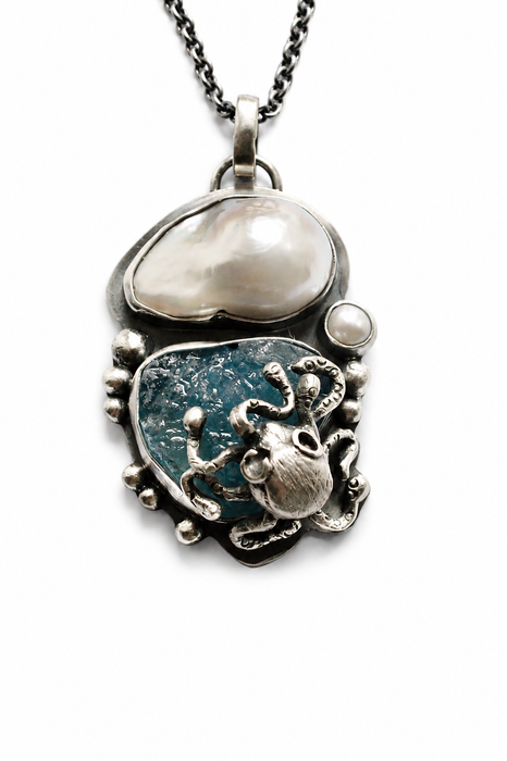 Aquamarine and Pearl Octopus Necklace