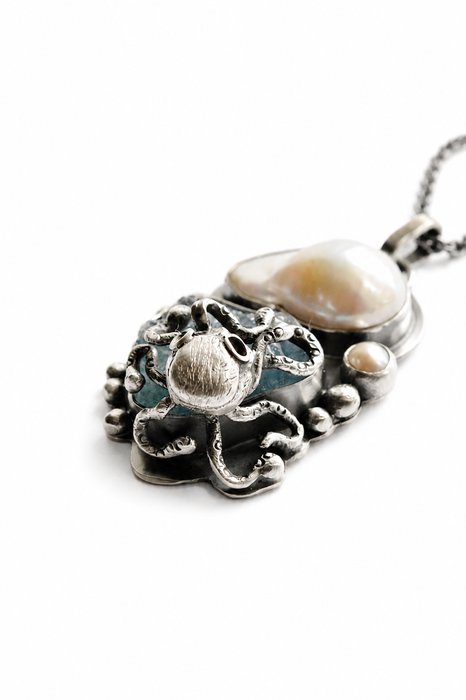 Aquamarine and Pearl Octopus Necklace