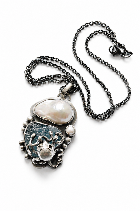 Aquamarine and Pearl Octopus Necklace