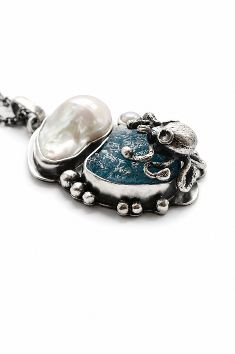 Aquamarine and Pearl Octopus Necklace