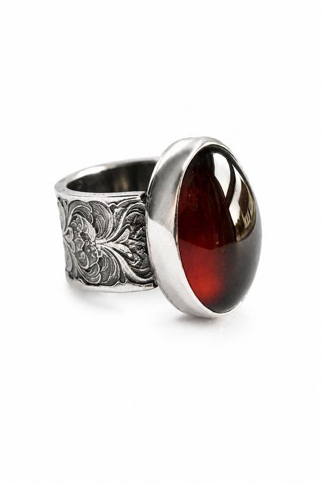 Garnet and Silver Floral Statement Ring