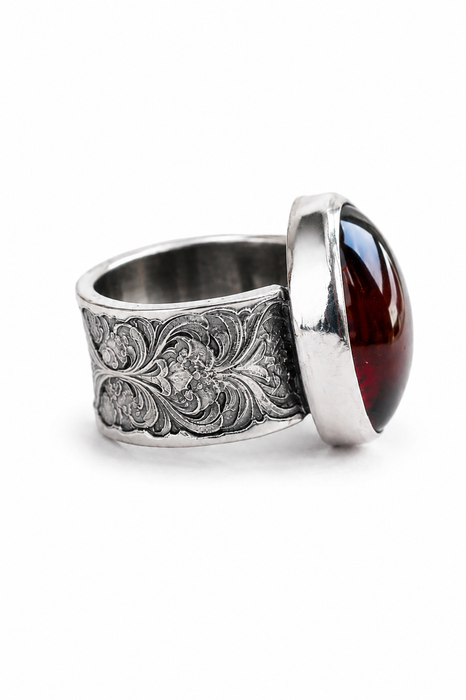Garnet and Silver Floral Statement Ring