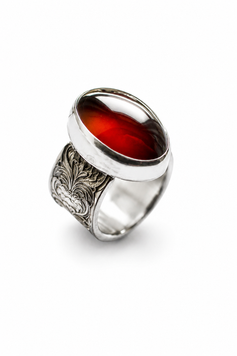 Garnet and Silver Floral Statement Ring