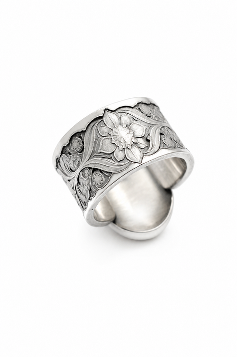 Garnet and Silver Floral Statement Ring