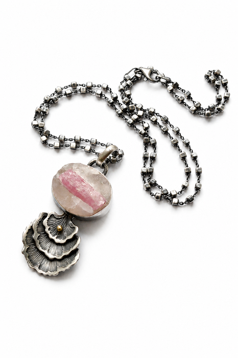 Pink Tourmaline in Quartz & Gingko Leaf Pendant