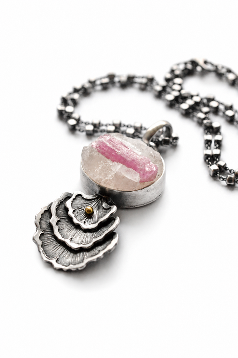 Pink Tourmaline in Quartz & Gingko Leaf Pendant