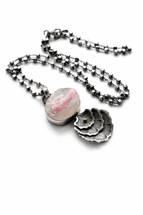 Pink Tourmaline in Quartz & Gingko Leaf Pendant