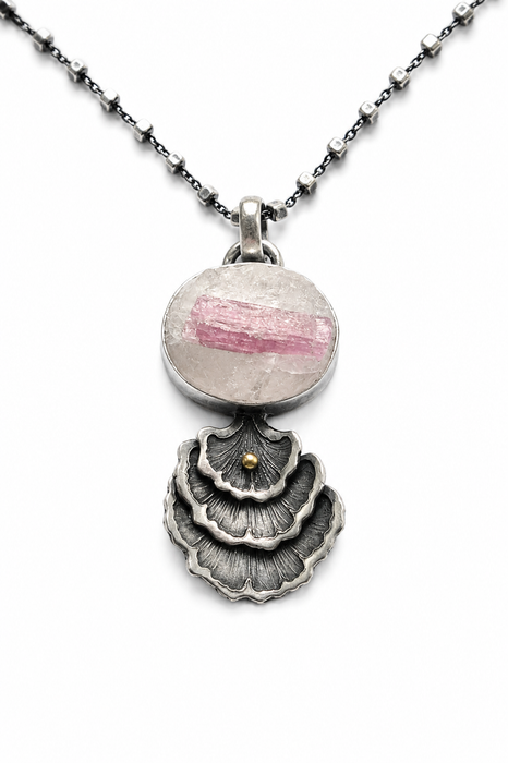 Pink Tourmaline in Quartz & Gingko Leaf Pendant