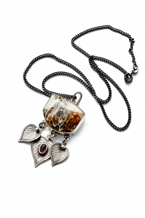 Copper in Chalcedony & Rhodolite Leaf Pendant