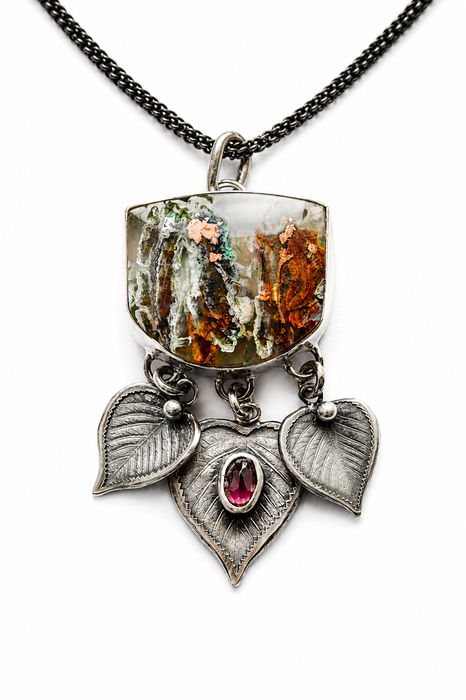 Copper in Chalcedony & Rhodolite Leaf Pendant