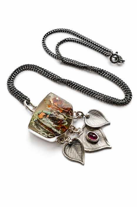 Copper in Chalcedony & Rhodolite Leaf Pendant