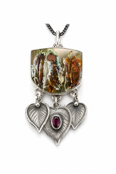 Copper in Chalcedony & Rhodolite Leaf Pendant