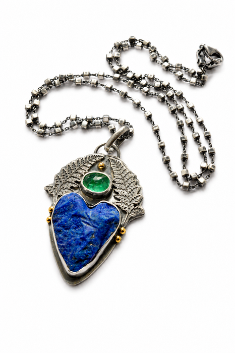 Lapis Heart & Emerald Fern Pendant Necklace