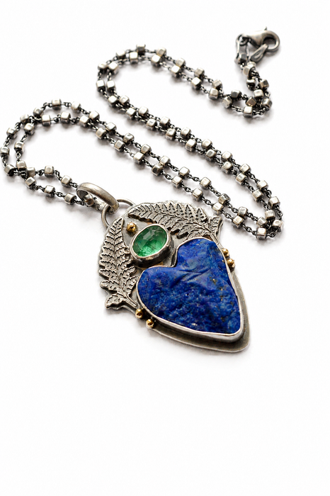 Lapis Heart & Emerald Fern Pendant Necklace