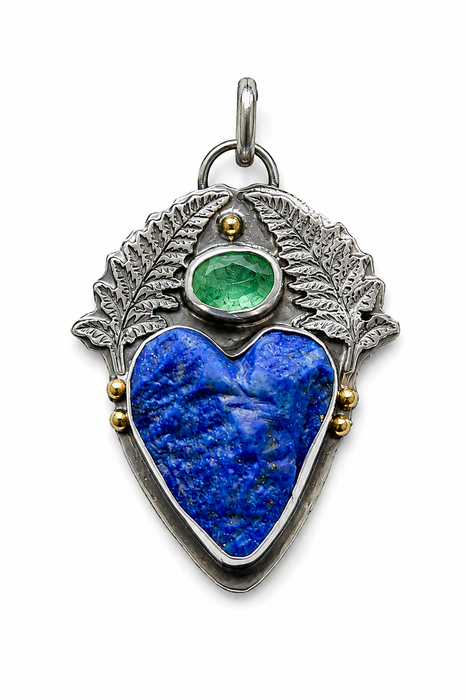 Lapis Heart & Emerald Fern Pendant Necklace