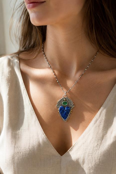 Lapis Heart & Emerald Fern Pendant Necklace