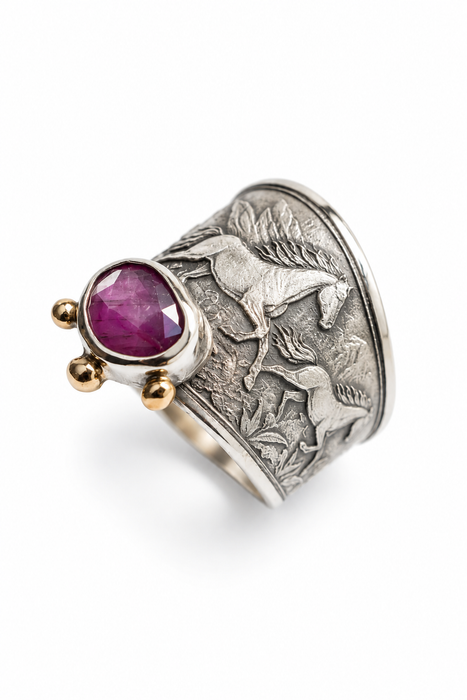Wild Horses Ring- Sterling Silver, Ruby and Gold