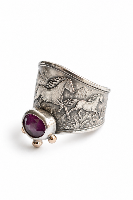 Wild Horses Ring- Sterling Silver, Ruby and Gold