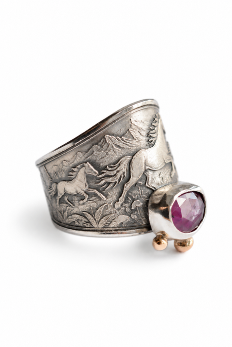 Wild Horses Ring- Sterling Silver, Ruby and Gold