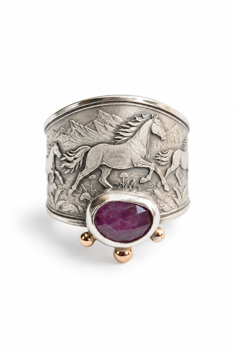 Wild Horses Ring- Sterling Silver, Ruby and Gold