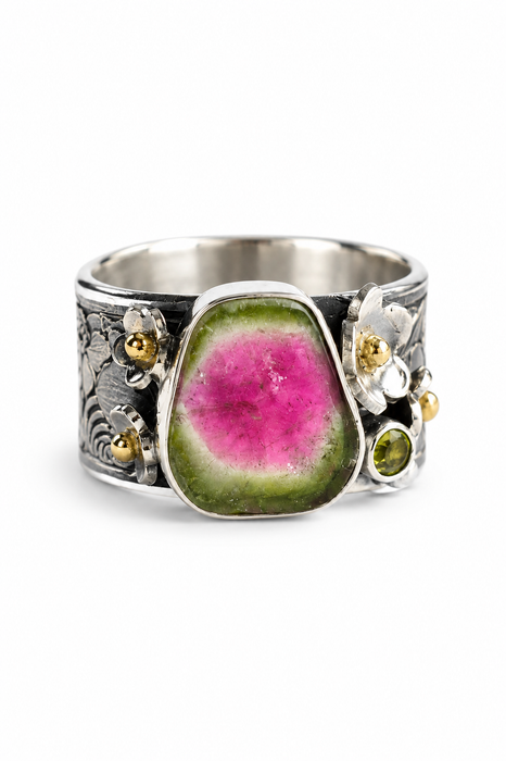 Watermelon Tourmaline Ring in Silver and Gold