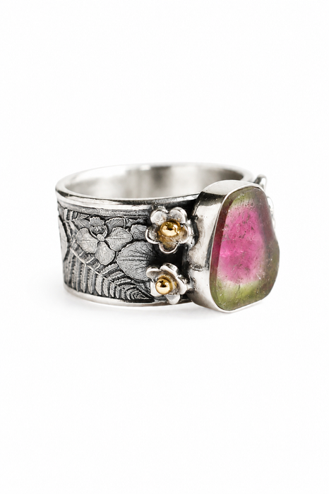 Watermelon Tourmaline Ring in Silver and Gold