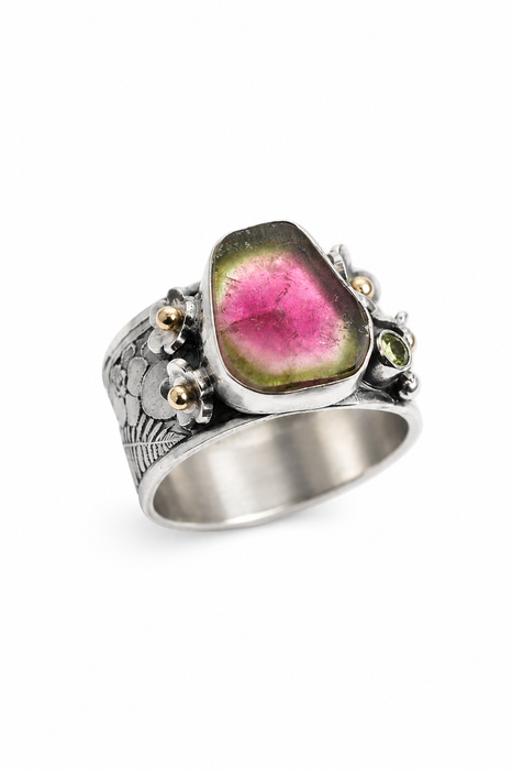 Watermelon Tourmaline Ring in Silver and Gold