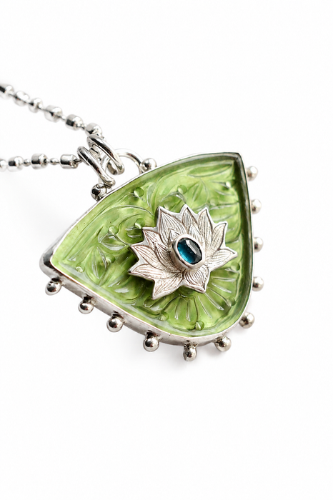 Carved Serpentine Lotus Leaf Pendant Necklace