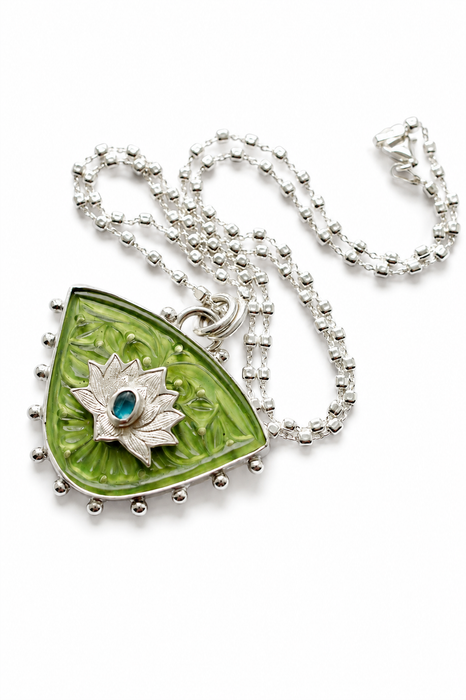 Carved Serpentine Lotus Leaf Pendant Necklace