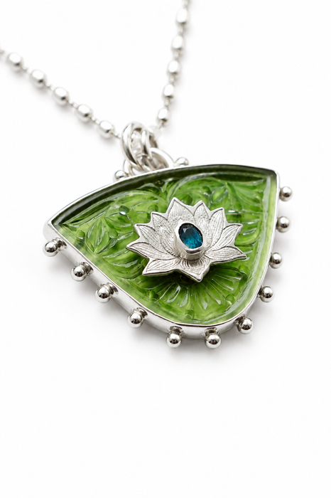 Carved Serpentine Lotus Leaf Pendant Necklace