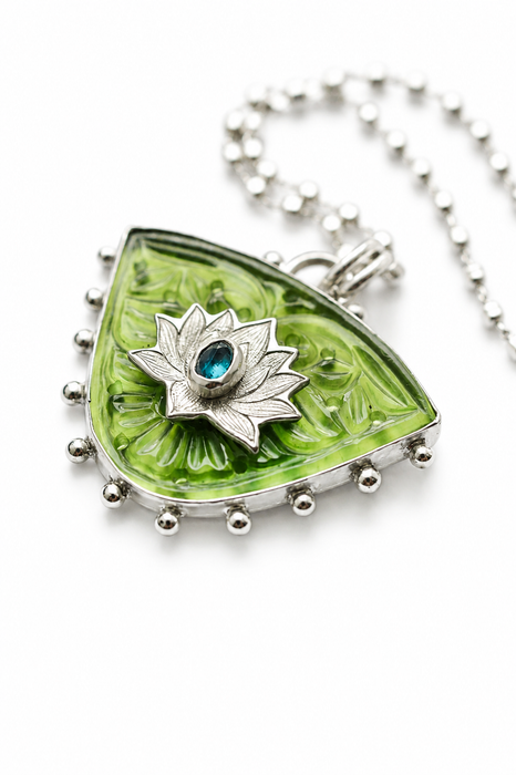 Carved Serpentine Lotus Leaf Pendant Necklace