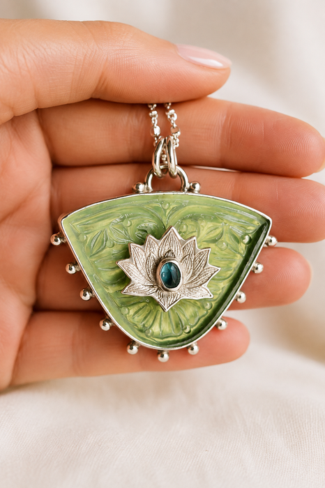 Carved Serpentine Lotus Leaf Pendant Necklace