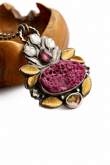 Raw Ruby Botanical Style Statement Necklace