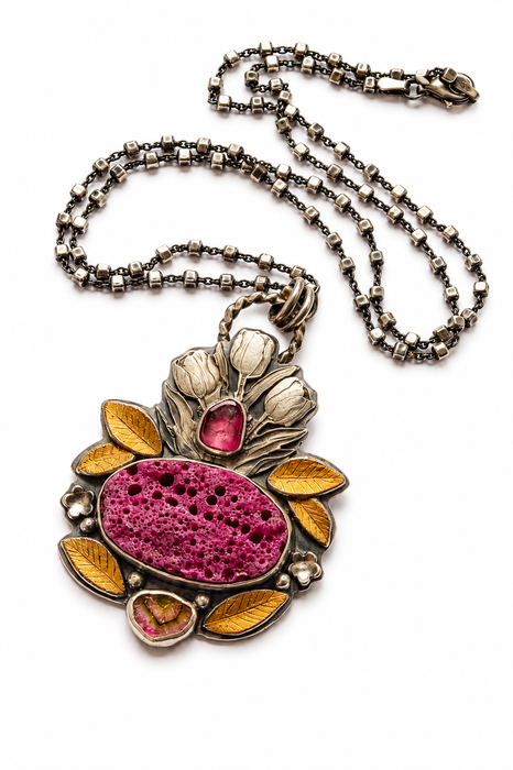 Raw Ruby Botanical Style Statement Necklace