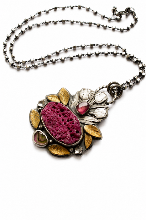 Raw Ruby Botanical Style Statement Necklace