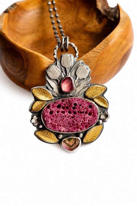 Raw Ruby Botanical Style Statement Necklace