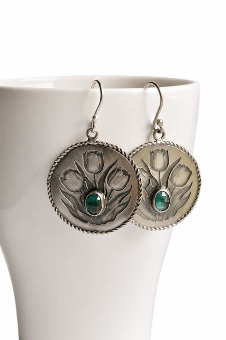 Silver Etched Tulip Earrings with Teal Kyanite