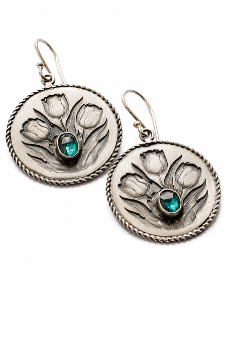 Silver Etched Tulip Earrings with Teal Kyanite
