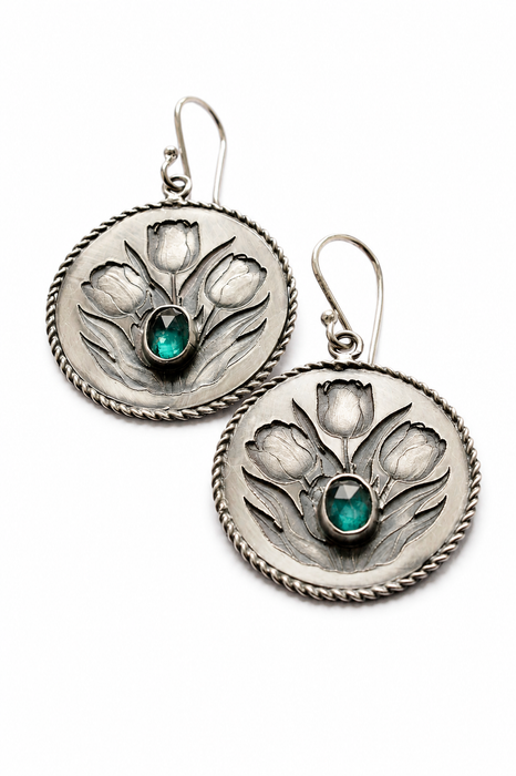Silver Etched Tulip Earrings with Teal Kyanite