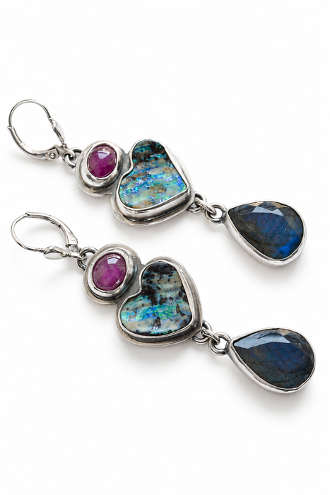 Boulder Opal, Ruby and Labradorite Earrings