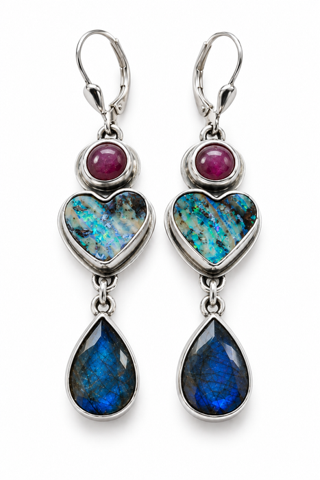 Boulder Opal, Ruby and Labradorite Earrings