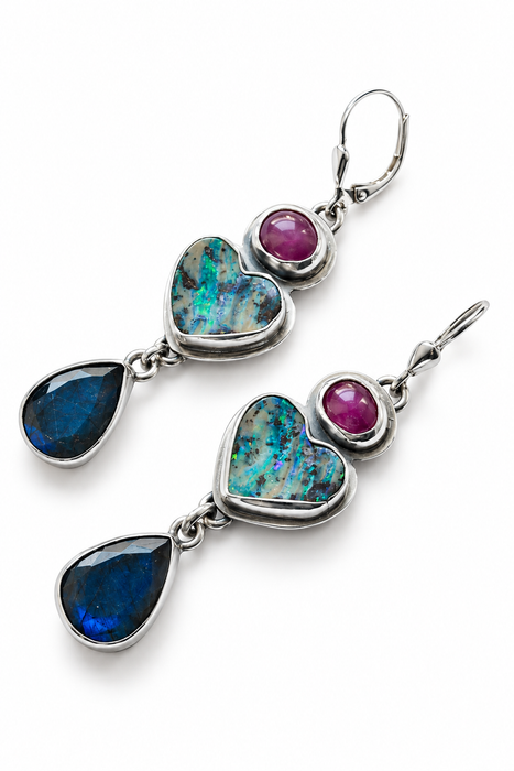 Boulder Opal, Ruby and Labradorite Earrings