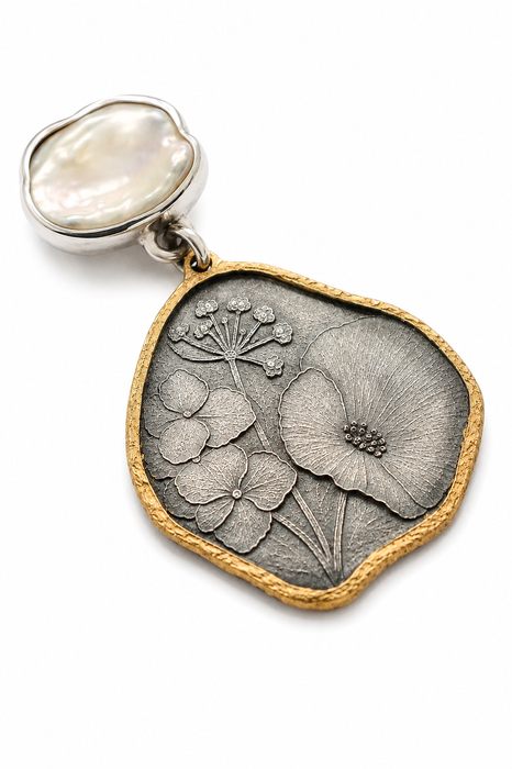 Wildflower Pearl Pendant in Silver and Gold (No2)