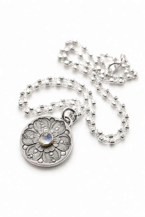 Etched Silver Flower and Moonstone Necklace