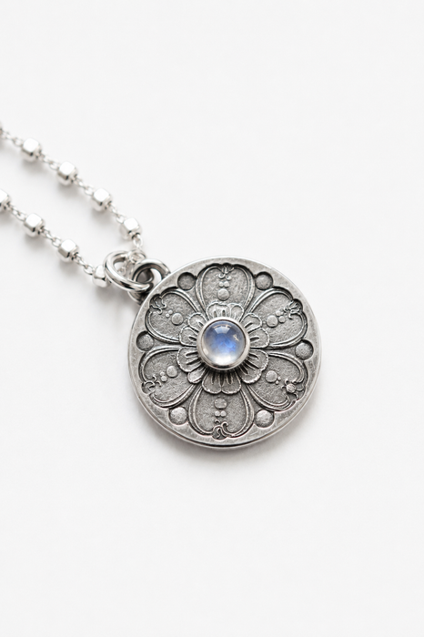 Etched Silver Flower and Moonstone Necklace
