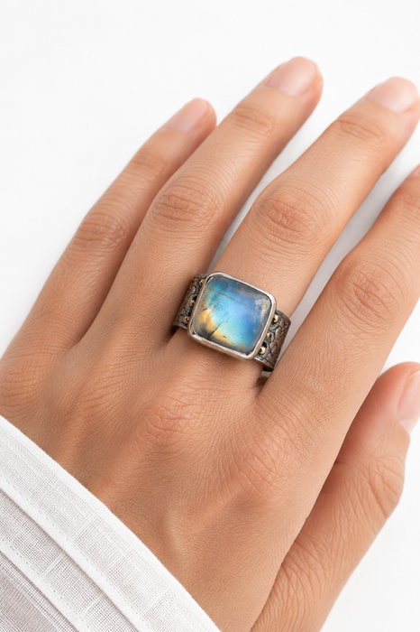 Moonstone Ring in Orchid/Fern Textured Silver