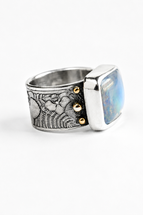 Moonstone Ring in Orchid/Fern Textured Silver