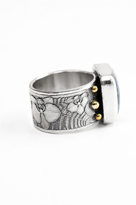 Moonstone Ring in Orchid/Fern Textured Silver