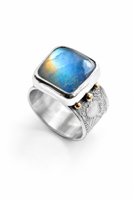 Moonstone Ring in Orchid/Fern Textured Silver